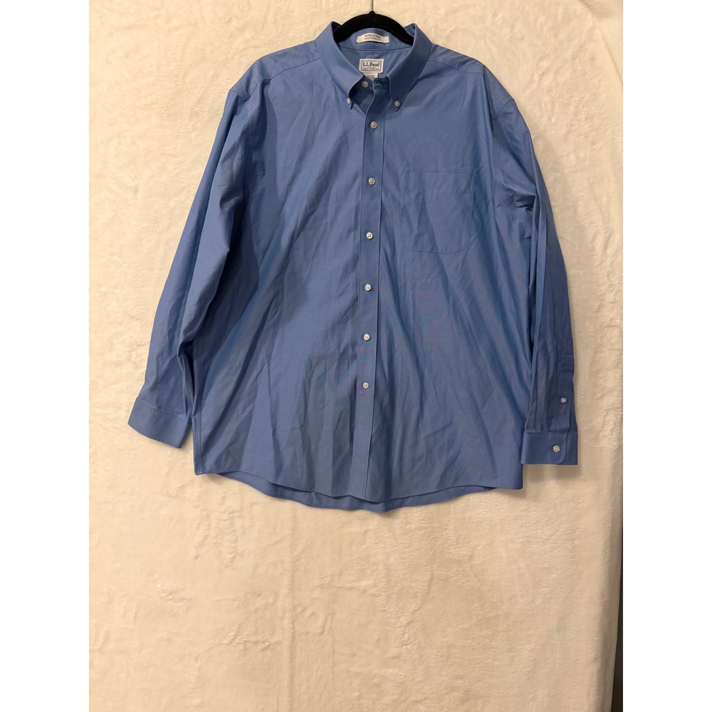 LL Bean Shirt Mens 17.5 35 Blue Wrinkle Free Traditional Fit Cotton Button Down